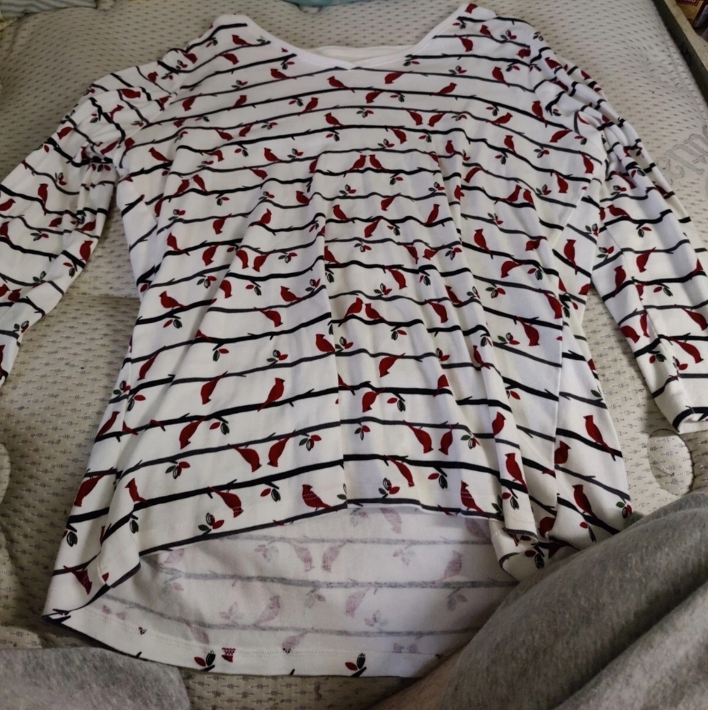 Kim Rogers Size XL Long Sleeve White Shirt With Black Stripes And Cardinals
